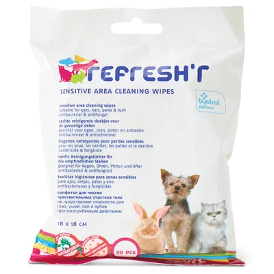 REFRESH'R Sensitive Area Cleaning Wipes, byptrol pet care, antibakteriel & antifungal, 20 stk, egnet til øjne, ører, poter og bagdel. Billede af hund, kat og kanin på emballagen.