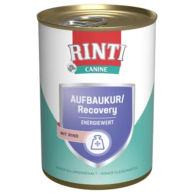 Κονσέρβα Rinti Canine AUFBAUKUR/Recovery με την ένδειξη ENERGIEWERT και MIT RIND. Ορατό κείμενο: HOHER KALORIEN­GEHALT, HOHER FLEISCHANTEIL.