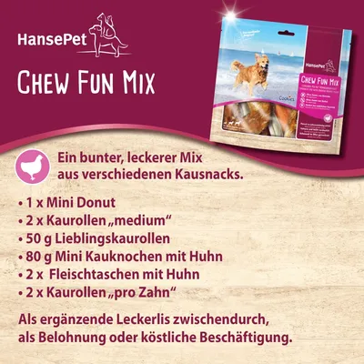 HansePet Chew Fun Mix: Bunter Mix aus Kausnacks. Enthält Mini Donut, Kaurollen medium, Lieblingskaurollen, Mini-Kauknochen mit Huhn, Fleischtaschen mit Huhn, Kaurollen pro Zahn.