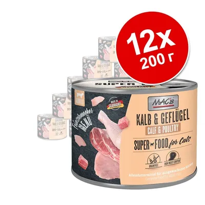 MAC's Kalb & Geflügel консервирана храна за котки, 12×200 г. Видими надписи: Adult, Made in Germany, Super Food for Cats, Grain Free, High Meat Content.