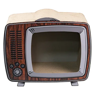 Cuccia per gatti a forma di televisore retrò in cartone con effetto legno e superficie tiragraffi interna.