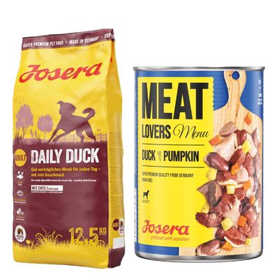 Josera Kombi-Paket: 12,5 kg Daily + 12 x 400 g Meatlovers Menü 12,5 kg Ente + 12 x 400 g Ente & Kürbis