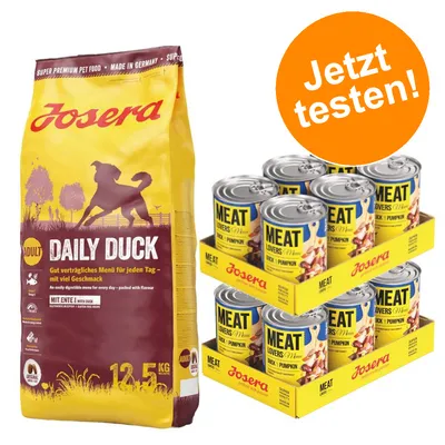 Josera Daily Duck Trockenfutter 12,5kg und Josera Meat Lovers Nassfutter Ente & Kürbis. Orangefarbener Kreis mit Text 'Jetzt testen!'.