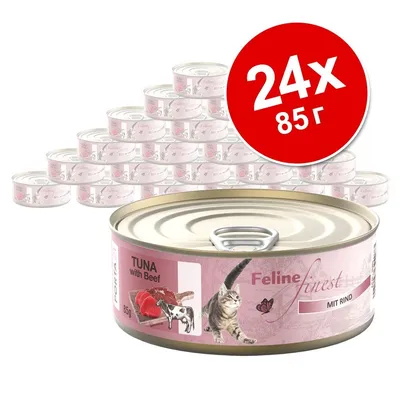 Feline Finest TUNA with Beef, 24 консерви по 85 г. На етикета: изображение на котка, риба тон и говеждо месо, текст MIT RIND.