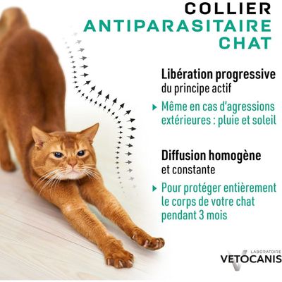 Vetocanis collier antiparasitaire pour chats de plus de 9 mois, protection contre les tiques, puces et moustiques pendant 3 mois, formulé sous contrôle vétérinaire.