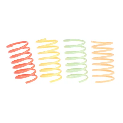Lot de cinq ressorts en plastique coloré : deux jaunes, un rouge, un vert clair et un orange, alignés verticalement.