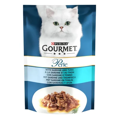 Purina Gourmet Perle Katzenfutter mit Sardine und Thunfisch, Abbildung des Futters in Sauce auf der Verpackung.