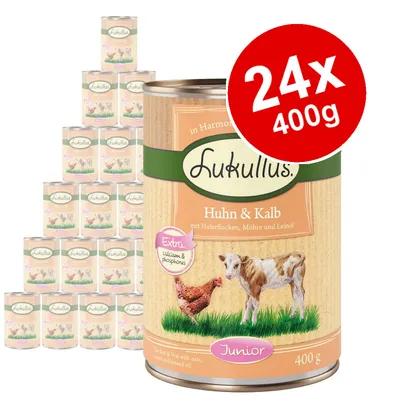 Lukullus Huhn & Kalb Junior, 24 x 400g tins. Visible text: Extra calcium & phosphorus, chicken & veal with oats, carrot and linseed oil. German text also present.