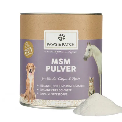 Paws & Patch MSM-jauhe koirille, kissoille ja hevosille. Nivelille, turkille ja immuunijärjestelmälle. Orgaaninen rikki. Ei lisäaineita. Muoviton pakkaus.