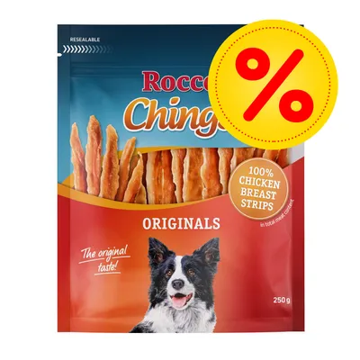 Rocco Chings Originals, 100% Chicken Breast Strips, 250g. The original taste! Prozentzeichen für Rabattaktion sichtbar.