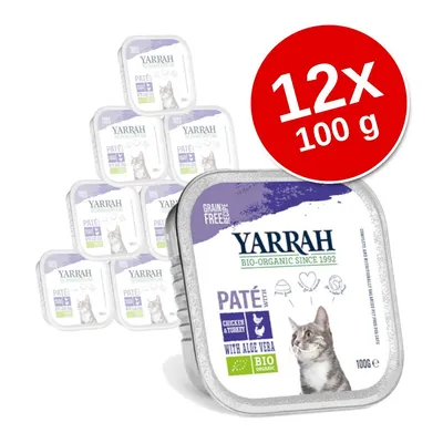 Yarrah Bio-Organic Paté dla kota, 12 x 100 g. Widoczne napisy: chicken & turkey, with aloe vera, grain free recipe, BIO organic. Opakowania z wizerunkiem kota. Yarrah Bio-Organic Paté dla kota, 12 x 100 g. Widoczne napisy: chicken & turkey, with aloe vera, grain free recipe, BIO organic. Opakowania z wizerunkiem kota.