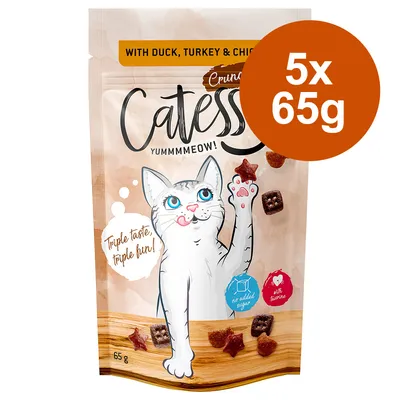 Catessy Crunch s kachnou, krůtou a kuřetem. 5x65g. Bez přidaného cukru, s taurinem. Catessy Crunch s kachnou, krůtou a kuřetem. 5x65g. Bez přidaného cukru, s taurinem.