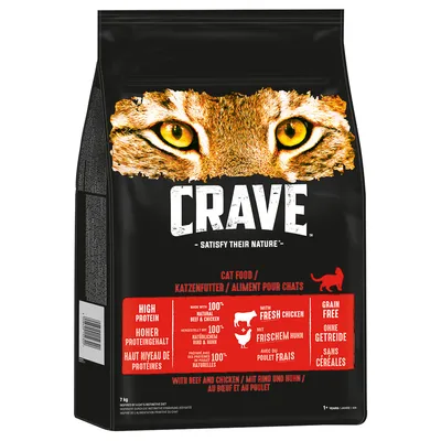 Crave храна за котки с говеждо и пилешко, високо съдържание на протеини, произведена от 100% натурални съставки, без зърнени храни. Опаковка: 7 кг.