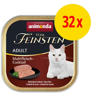 animonda Vom Feinsten Adult Multifleisch-Cocktail, confezione da 32 vaschette, immagine di un gatto bianco e porzione di carne su piatto nero. Testo: Multi Meat Cocktail, Cocktail di carne.