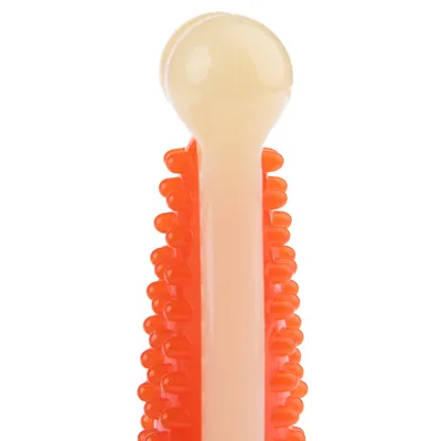 Orange and white chew toy stick with nubbed texture for pets, suitable for dental cleaning and play.