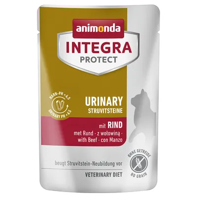 Animonda Integra Protect Urinary Struvite Stones with beef, grain-free. Prevents new struvite stone formation. Urine pH < 6.5. Veterinary diet.