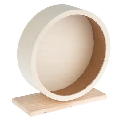 Laufrad aus hellem Holz mit Kork-Innenfläche und rechteckigem Standfuss, geeignet für Kleintiere.