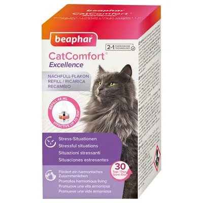 beaphar CatComfort Excellence navulflacon 48 ml, effectief tot 70 m², voor stress-situaties, bevordert harmonieus samenleven, 30 dagen werkzaam. Tekst in meerdere talen zichtbaar.