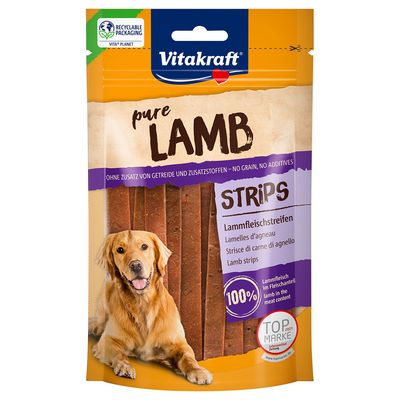 Vitakraft pure Lamb Strips, strisce di carne di agnello senza cereali e additivi, 100% agnello nella parte carne. Confezione riciclabile con meno plastica. Top Marke 2021.