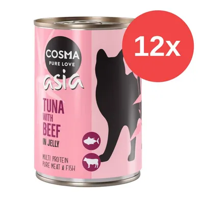 Cosma Asia Pure Love, atún con ternera en gelatina, multiproteína de carne y pescado puro, 12 latas.