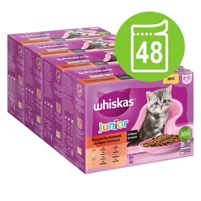 Whiskas Junior Klassiskt urval i sås, 48 portionspåsar för katter 2–12 månader. Smaker: nötkött, kyckling, lamm, fjäderfä. 100 % balanserad kost.