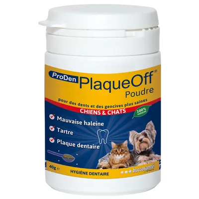 ProDen PlaqueOff Poudre til hunde og katte, 40 g. Tekst: Mauvaise haleine, Tartre, Plaque dentaire. Billeder af en kat og en hund på emballagen. ProDen PlaqueOff Poudre til hunde og katte, 40 g. Tekst: Mauvaise haleine, Tartre, Plaque dentaire. Billeder af en kat og en hund på emballagen.