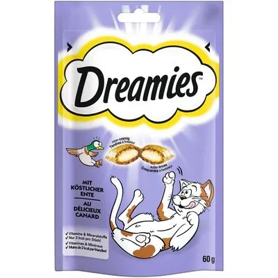 Opakowanie Dreamies, przysmak dla kotów o smaku kaczki, 60 g. Widoczne ilustracje: kot, kaczka, przekrojony przysmak. Tekst: witaminy i minerały, mniej niż 2 kcal na sztukę.