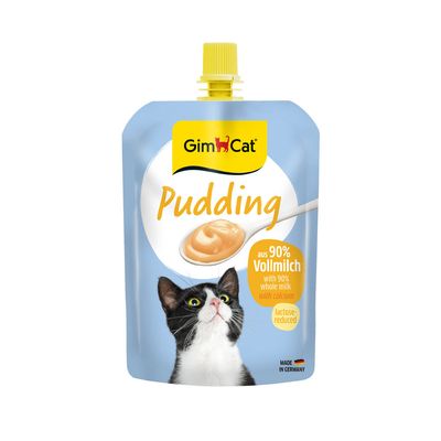 GimCat Pudding, csökkentett laktóztartalommal, kalciummal, 90% valódi teljes tejből. A csomagoláson narancssárga macska és pudingos tál látható.