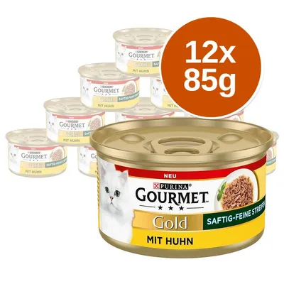 Purina Gourmet Gold mit Huhn, 12×85g. Na obrázku více konzerv s bílou kočkou a nápisy: Gold, Saftig-Feine Streifen, Mit Huhn.