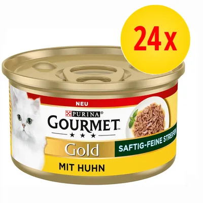 Lata de comida para gatos Purina Gourmet Gold, texto visible: NEU, SAFTIG-FEINE STREIFEN, MIT HUHN. Imagen de un gato blanco y trozos de carne. Paquete de 24 unidades.