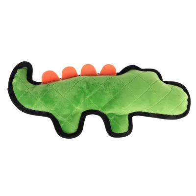 Giocattolo di peluche verde a forma di coccodrillo con creste arancioni sul dorso e bordo nero.
