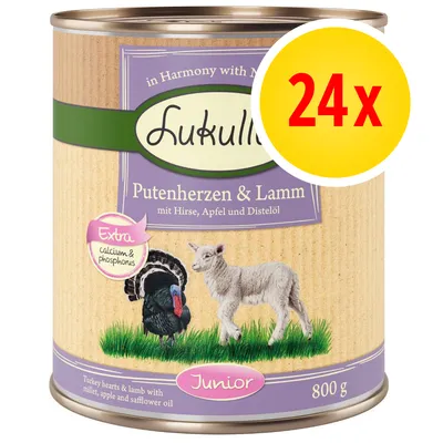 Pack of 24 cans, each 800g, turkey hearts and lamb with millet, apple and safflower oil. Extra calcium and phosphorus. Junior formula. Pack of 24 cans, each 800g, turkey hearts and lamb with millet, apple and safflower oil. Extra calcium and phosphorus. Junior formula.