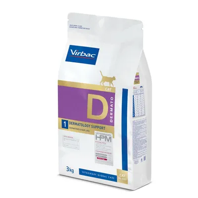Saco de 3 kg de Virbac Veterinary HPM Cat Dermatology Support D, visible texto: 'DERMATOLOGY SUPPORT', 'DERMATOSIS & HAIR LOSS', tabla nutricional y de dosificación en el lateral. Saco de 3 kg de Virbac Veterinary HPM Cat Dermatology Support D, visible texto: 'DERMATOLOGY SUPPORT', 'DERMATOSIS & HAIR LOSS', tabla nutricional y de dosificación en el lateral.