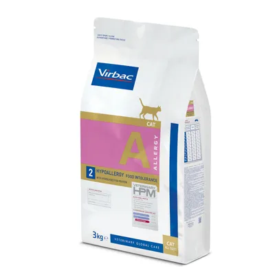 Saco de 3 kg de pienso para gatos Virbac Allergy A, Hypoallergy Food Intolerance, Veterinary HPM. Texto visible: CAT ALL SIZES, VETERINARY GLOBAL CARE.