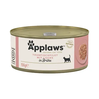 Applaws Thunfischfilet mit Lachs in Brühe, 156g Dose. Zertifiziert B Corporation, 100% natürliche Zutaten.