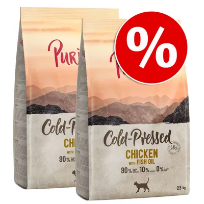 Deux sacs de Purizon Cold-Pressed Chicken with Fish Oil pour chat, 2,5 kg chacun, texte visible : 90 % ingrédients animaux, 10 % végétaux, 0 % céréales, symbole de réduction en pourcentage.