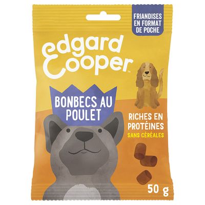 Edgard Cooper Bonbecs au Poulet, riches en protéines, sans céréales, 50 g. Snacks format poche avec motif de chien sur l’emballage.