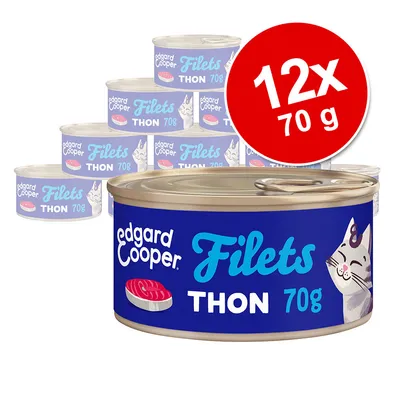 Edgard Cooper Filets de thon 70g, lot de 12 boîtes. Marquage rouge indiquant "12x 70 g".