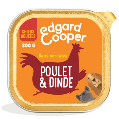edgard & cooper, chiens adultes, 300 g, sans céréales, poulet & dinde. Barquette orange avec illustrations de chien et poulet.