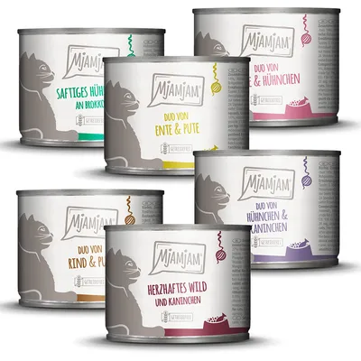 Mjamjam kattemad dåser med synlig tekst: Saftiges Huhn an Brokkoli, Duo von Ente & Pute, Duo von Rind & Pute, Herzhaftes Wild und Kaninchen, Duo von Hühnchen & Kaninchen. Getreidefrei.