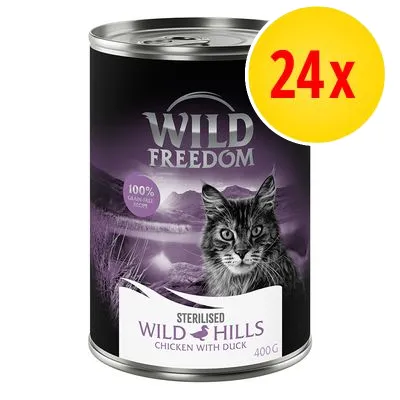 Wild Freedom Sterilised Wild Hills Chicken with Duck 400 g, 100 % grain-free. Bild på kattmatburk med svart katt och texten 24x i gul cirkel.