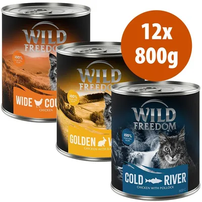 Scatolette Wild Freedom 800 g: Wide Country Chicken, Golden Valley Chicken with Rabbit, Cold River Chicken with Pollock. Confezione da 12x800g. Testo visibile: 100% grain free recipe.