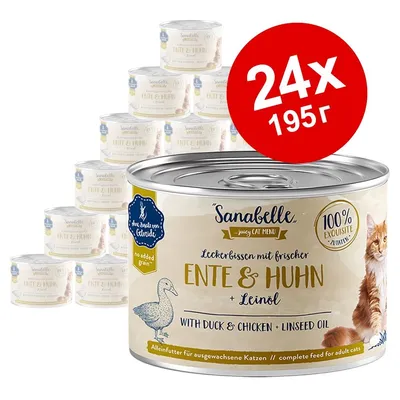 Sanabelle Ente & Huhn консервирана храна за котки, 24×195 г. Видими надписи: 100% exquisite zutaten, with duck & chicken + linseed oil. Изображение на котка и патица.