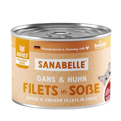 Sanabelle Schlemmertopf con ganso y pollo finos + zanahoria. Alimento completo para gatos adultos, con aceite de oliva. 100% ingredientes exclusivos.