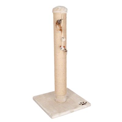 Kradsestolpe med sisalreb, firkantet bundplade i beige stof og to hængende legetøjsmus. Poteaftryk synligt på hjørnet af bundpladen.