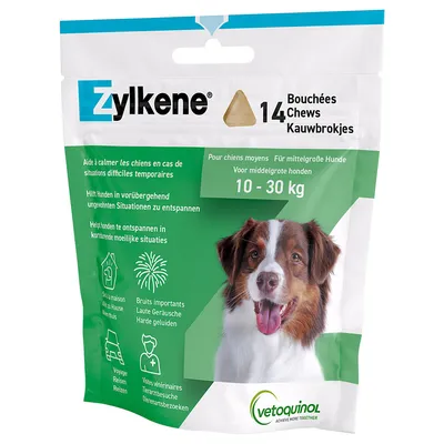 Zylkene 14 bouchées pour chiens moyens 10–30 kg, aide à calmer en cas de situations difficiles temporaires, marque Vetoquinol. Texte en français, allemand, néerlandais et anglais visible.