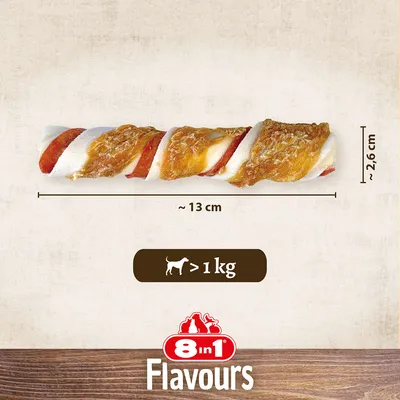 8in1 Flavours hundsnack, längd ca 13 cm, diameter ca 2,6 cm, lämplig för hundar över 1 kg.