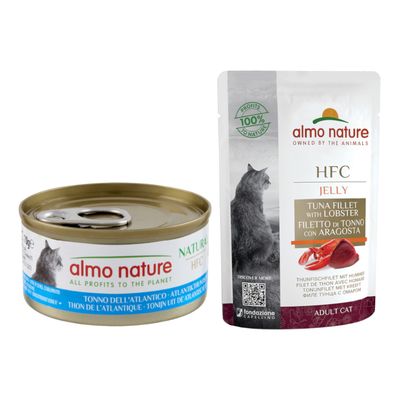 almo nature HFC Jelly Filete de atún con langosta, lata y sobre, inscripción: Todos los beneficios para el planeta, Gato adulto, 100% de los beneficios para la naturaleza.