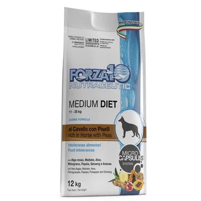 Forza10 Nutraceutic Medium Diet hundfoder, 11–35 kg, al Cavallo con Piselli rich in Horse with Peas, 12 kg. Made in Italy. Microcapsules System. Synlig text på engelska och italienska. Forza10 Nutraceutic Medium Diet hundfoder, 11–35 kg, al Cavallo con Piselli rich in Horse with Peas, 12 kg. Made in Italy. Microcapsules System. Synlig text på engelska och italienska.