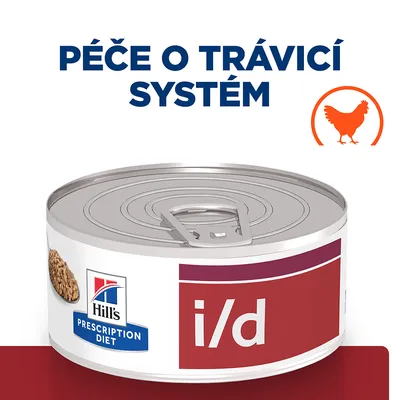 Konzerva Hill's Prescription Diet i/d, nápis Péče o trávicí systém, symbol kuřete Konzerva Hill's Prescription Diet i/d, nápis Péče o trávicí systém, symbol kuřete